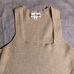 Blue Blush Ribbed Bodysuit Womens Small Tan Square Neck Sleeveless Stretch